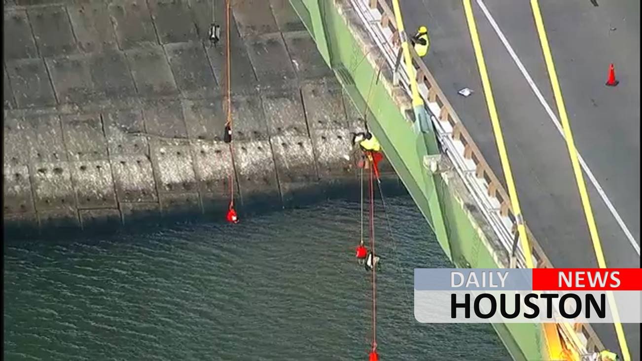 Greenpeace protesters dangle from Fred Hartman Bridge ahead of Democratic debate